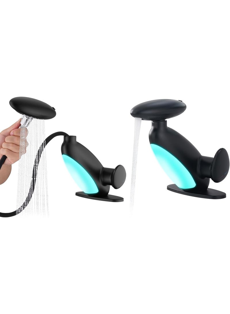 سيوسي LED Bathroom Faucet, 360° Swivel Pull-Down Sprayer, Spray Head with Ceramic Disc Cartridge, Modern Matte Waterfall Faucet with Color-Changing Lights, 9/16" Connection for Sink (Black) - Image 1